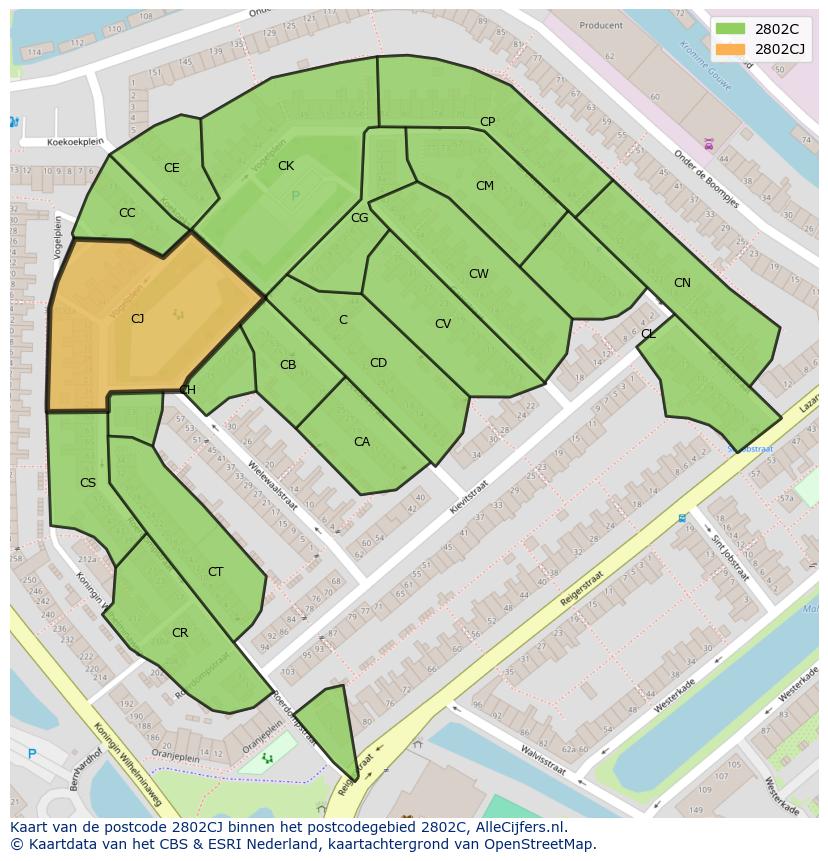 Afbeelding van het postcodegebied 2802 CJ op de kaart.