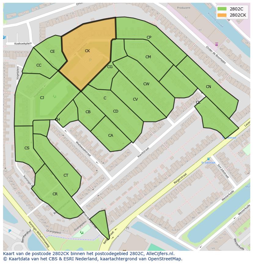 Afbeelding van het postcodegebied 2802 CK op de kaart.