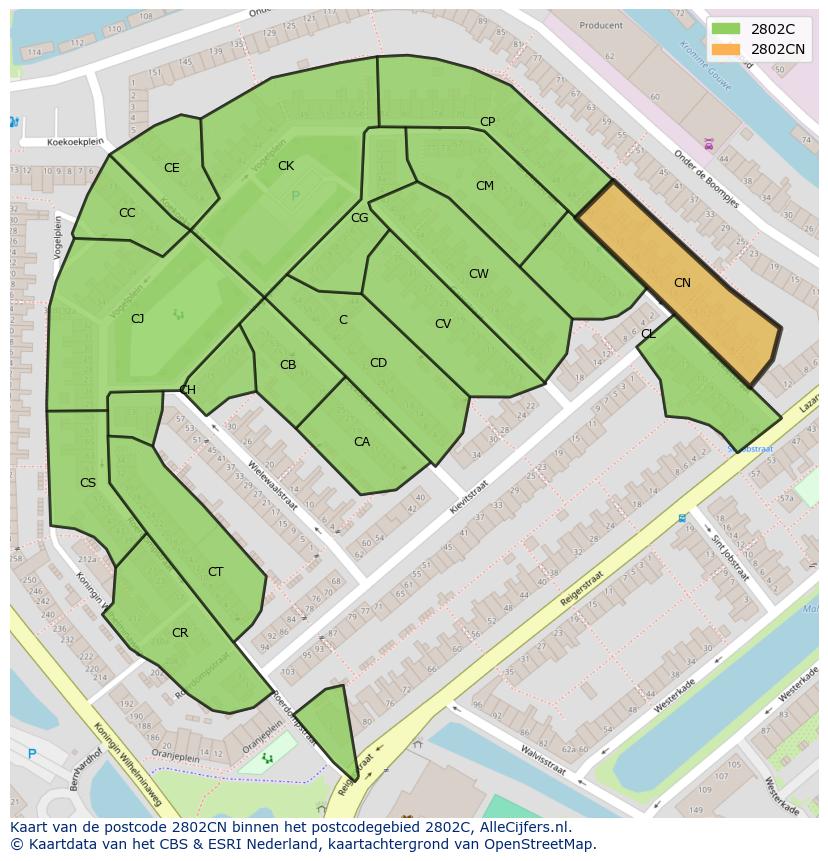 Afbeelding van het postcodegebied 2802 CN op de kaart.