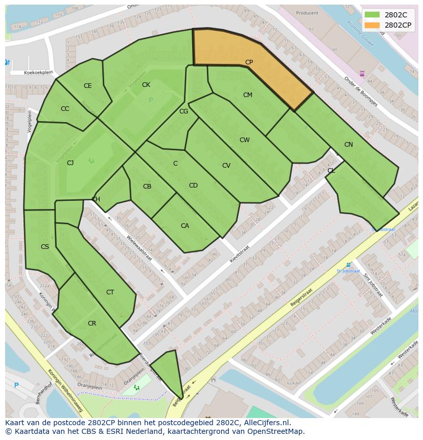 Afbeelding van het postcodegebied 2802 CP op de kaart.