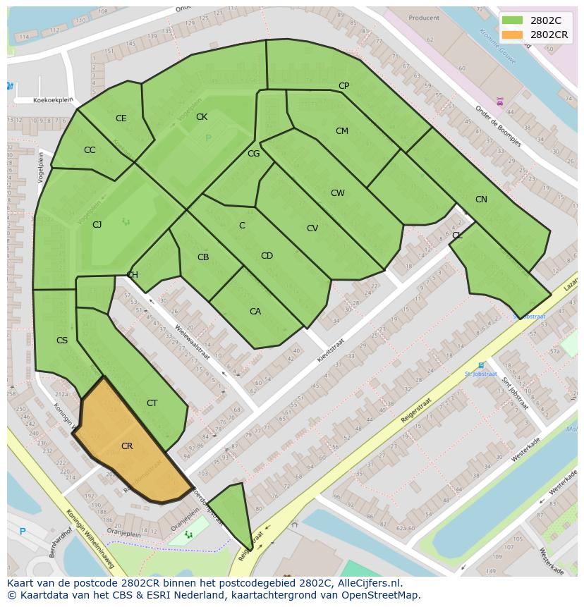 Afbeelding van het postcodegebied 2802 CR op de kaart.