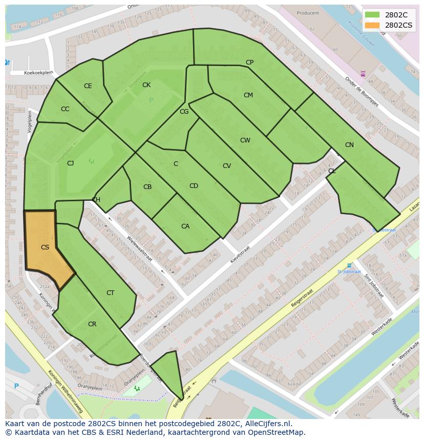 Afbeelding van het postcodegebied 2802 CS op de kaart.