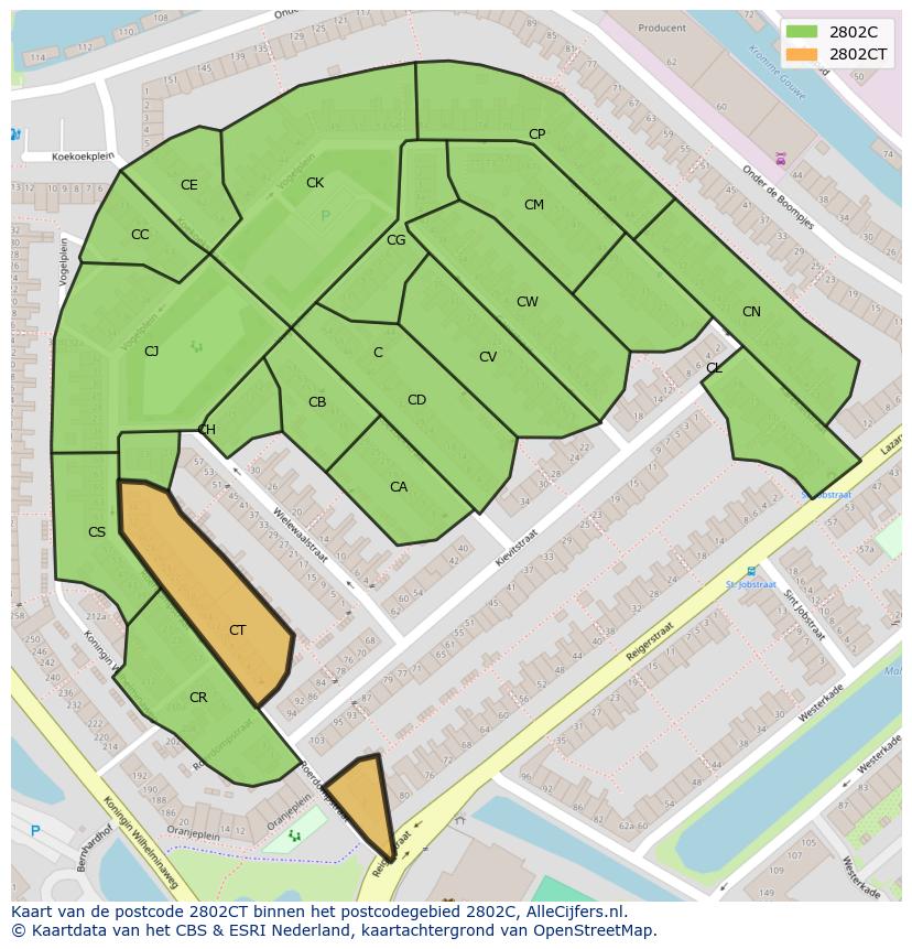 Afbeelding van het postcodegebied 2802 CT op de kaart.
