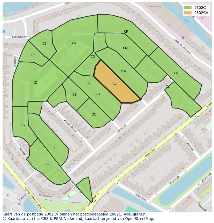 Afbeelding van het postcodegebied 2802 CV op de kaart.