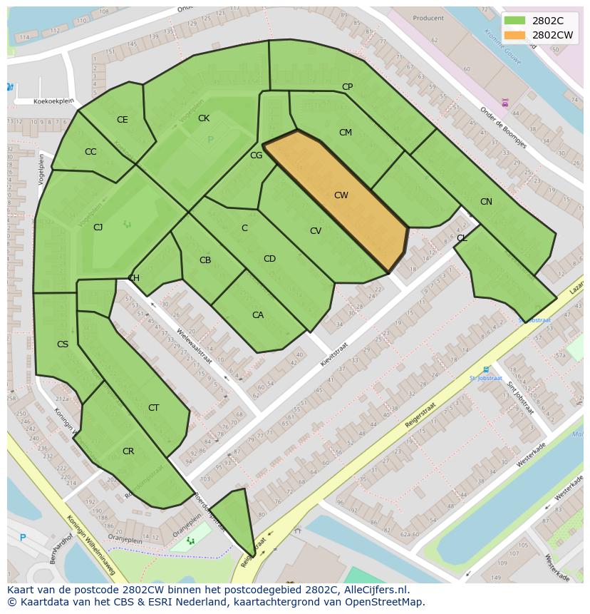Afbeelding van het postcodegebied 2802 CW op de kaart.