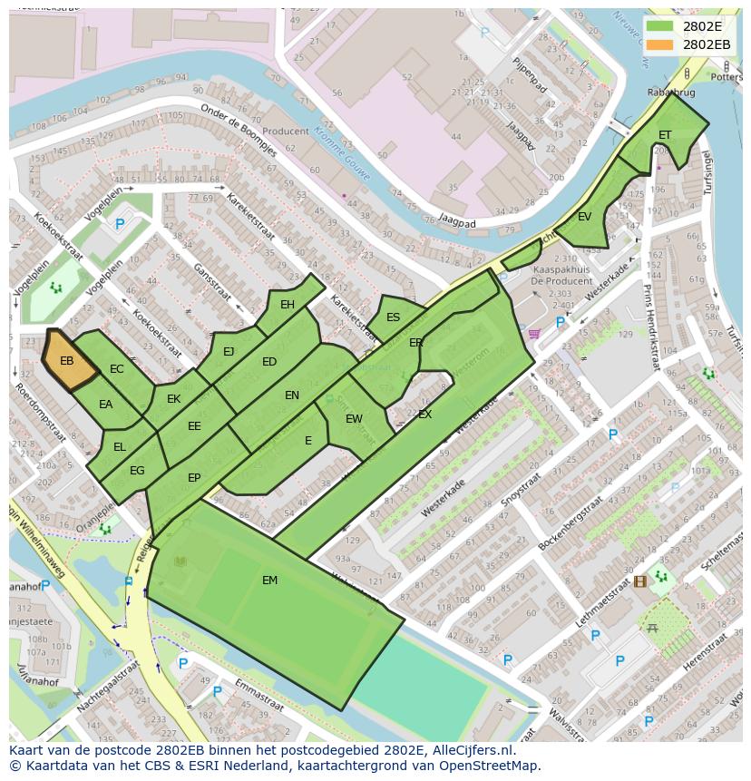 Afbeelding van het postcodegebied 2802 EB op de kaart.