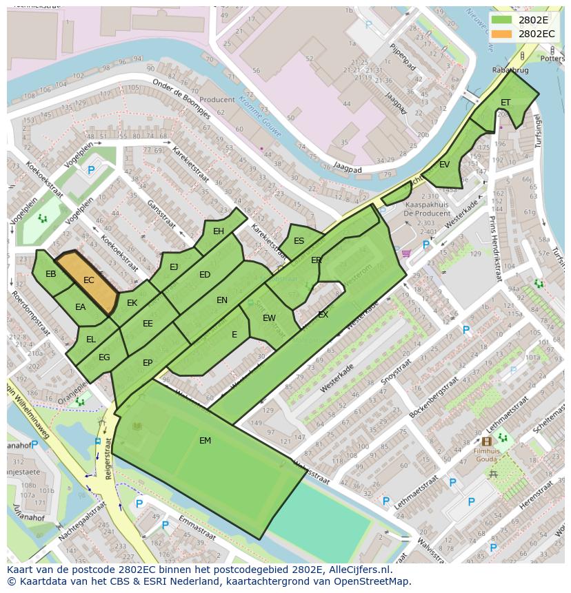 Afbeelding van het postcodegebied 2802 EC op de kaart.