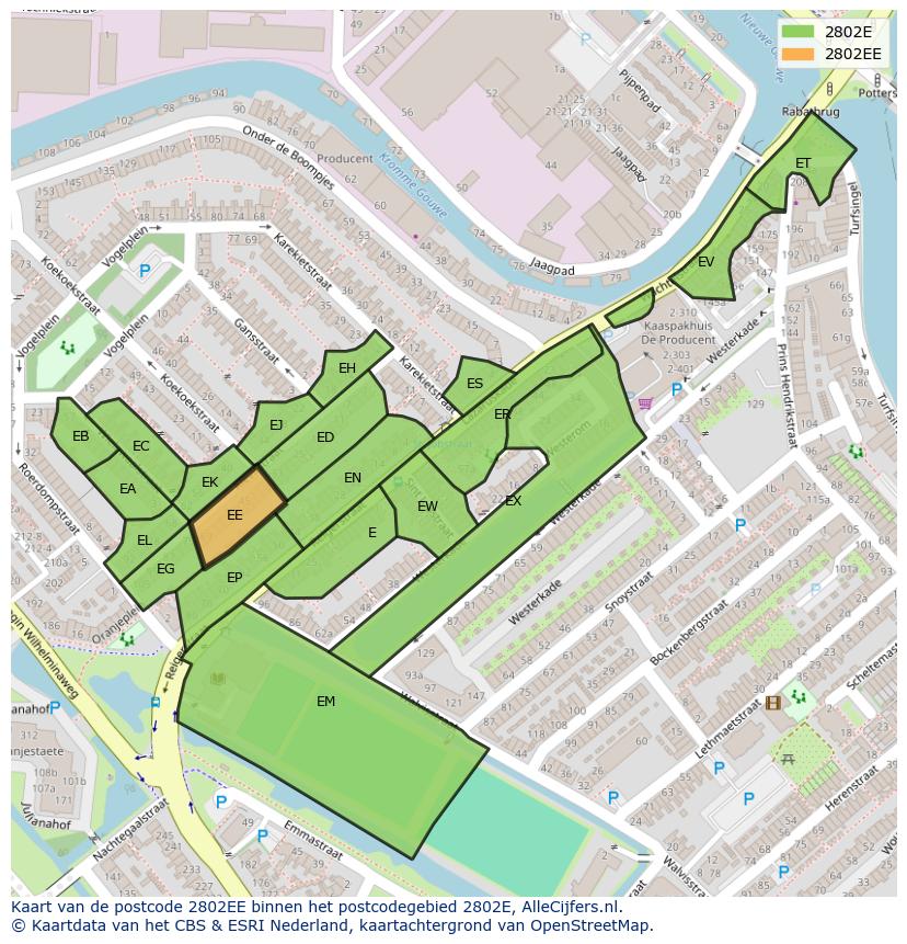 Afbeelding van het postcodegebied 2802 EE op de kaart.