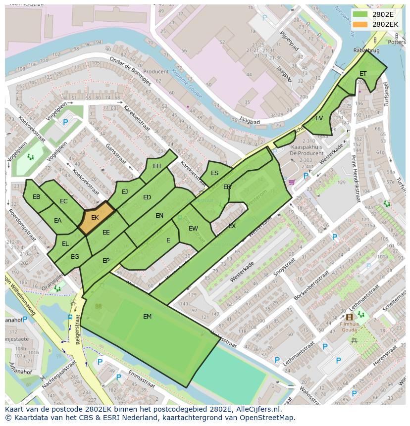 Afbeelding van het postcodegebied 2802 EK op de kaart.