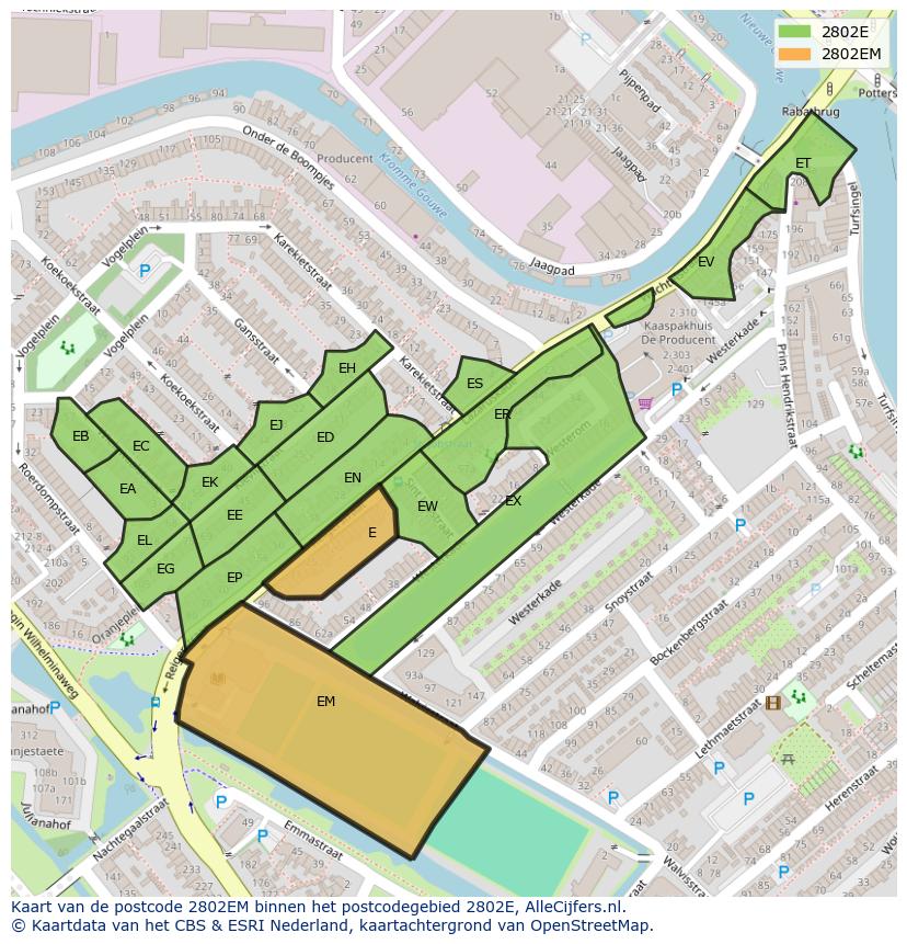 Afbeelding van het postcodegebied 2802 EM op de kaart.