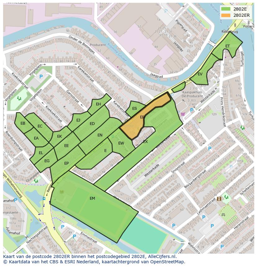 Afbeelding van het postcodegebied 2802 ER op de kaart.