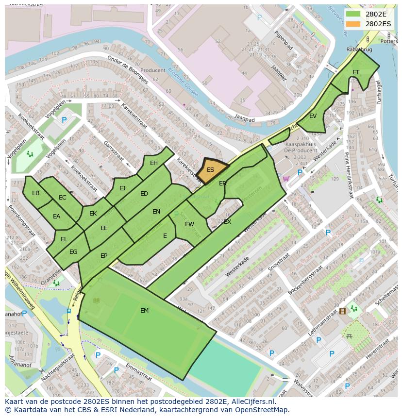 Afbeelding van het postcodegebied 2802 ES op de kaart.