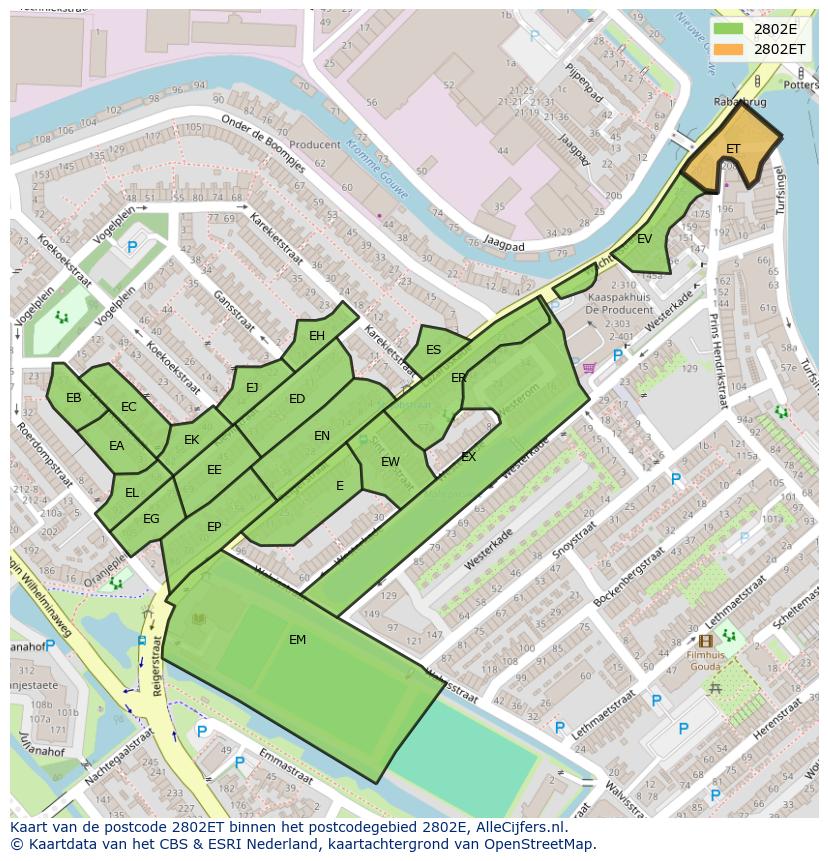 Afbeelding van het postcodegebied 2802 ET op de kaart.