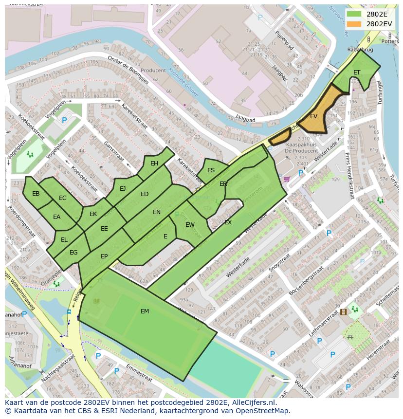 Afbeelding van het postcodegebied 2802 EV op de kaart.