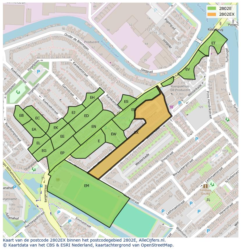 Afbeelding van het postcodegebied 2802 EX op de kaart.