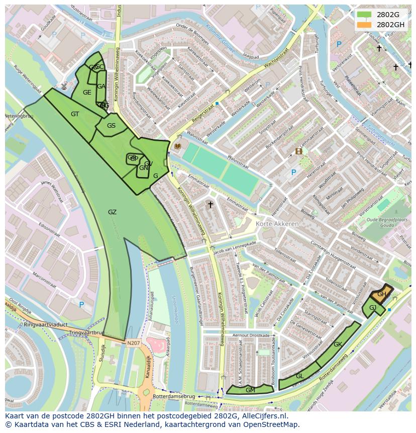 Afbeelding van het postcodegebied 2802 GH op de kaart.