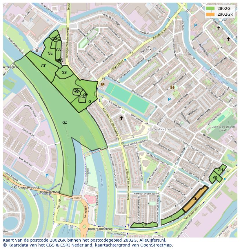 Afbeelding van het postcodegebied 2802 GK op de kaart.
