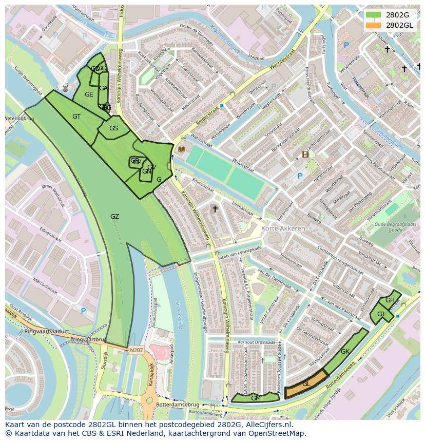 Afbeelding van het postcodegebied 2802 GL op de kaart.