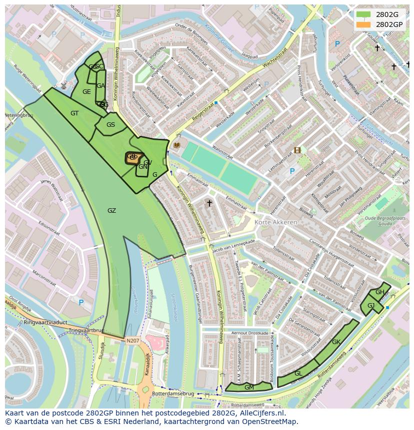 Afbeelding van het postcodegebied 2802 GP op de kaart.