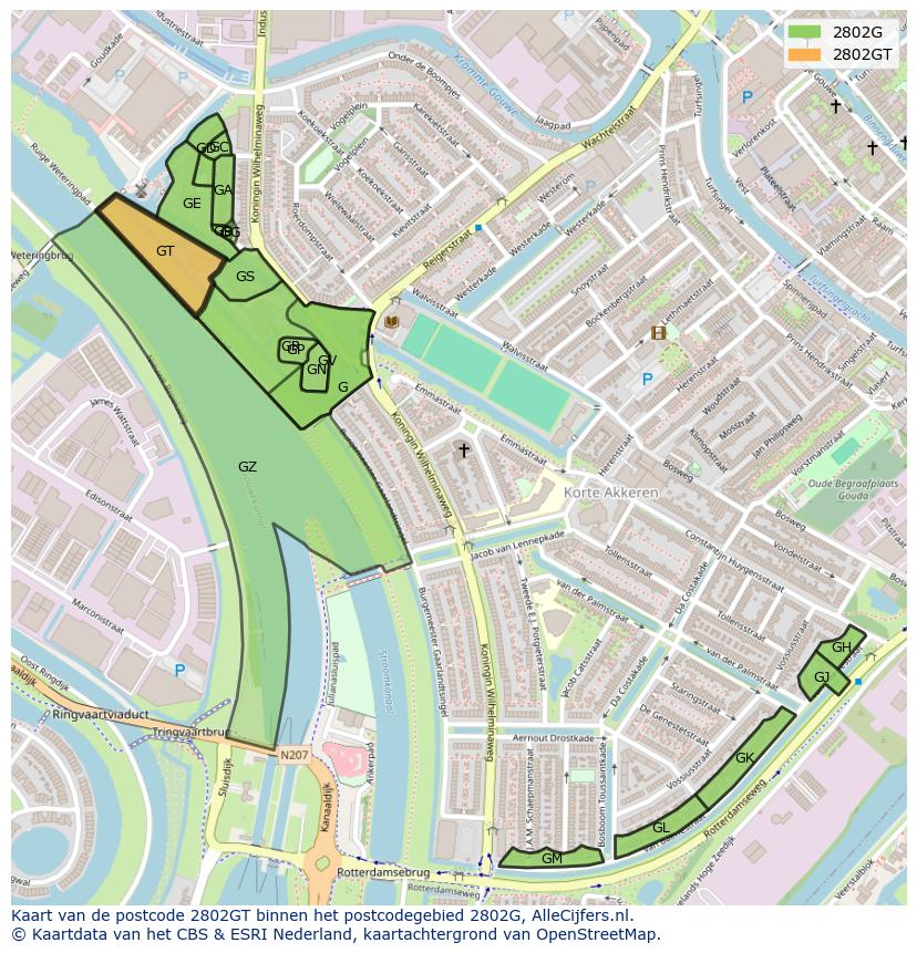 Afbeelding van het postcodegebied 2802 GT op de kaart.