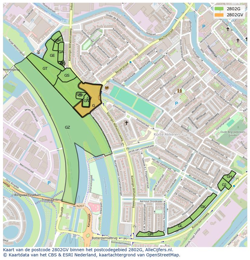 Afbeelding van het postcodegebied 2802 GV op de kaart.