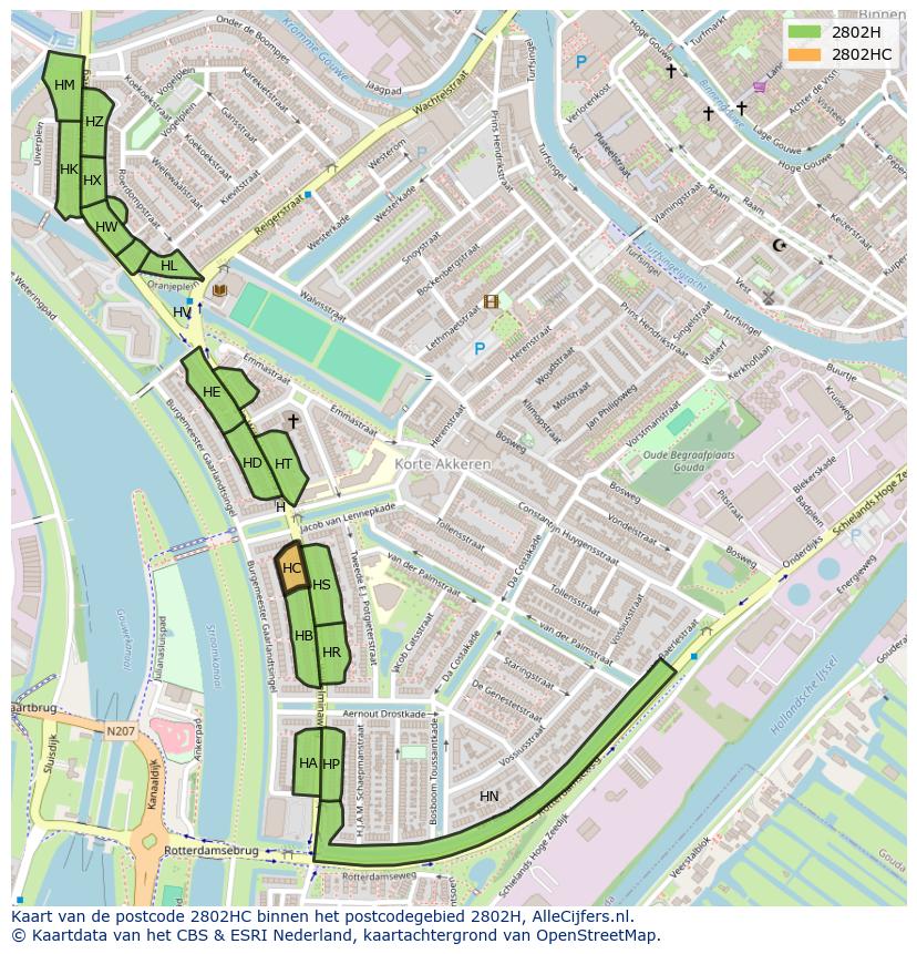Afbeelding van het postcodegebied 2802 HC op de kaart.