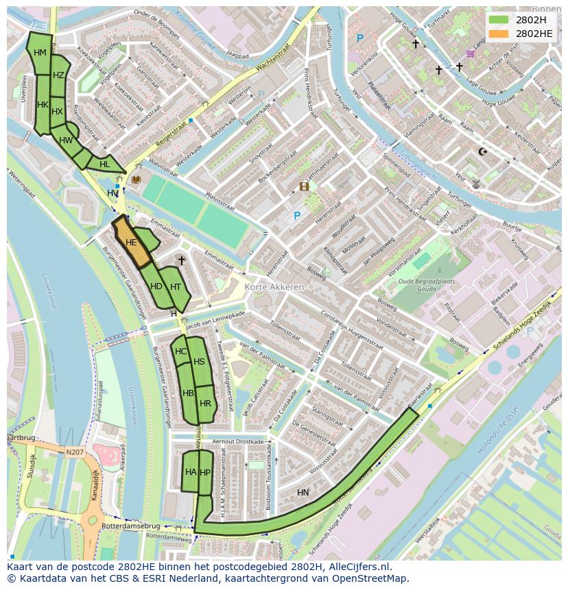 Afbeelding van het postcodegebied 2802 HE op de kaart.