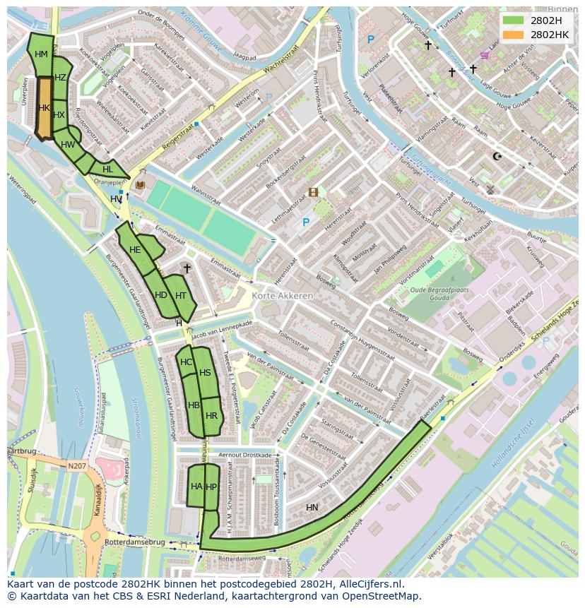 Afbeelding van het postcodegebied 2802 HK op de kaart.