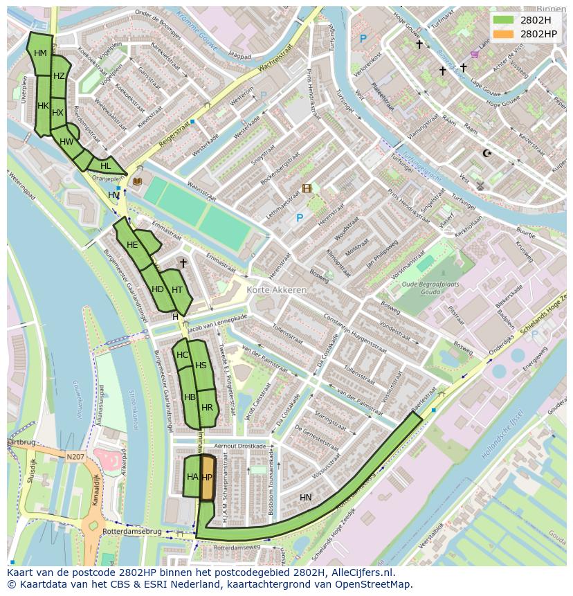 Afbeelding van het postcodegebied 2802 HP op de kaart.