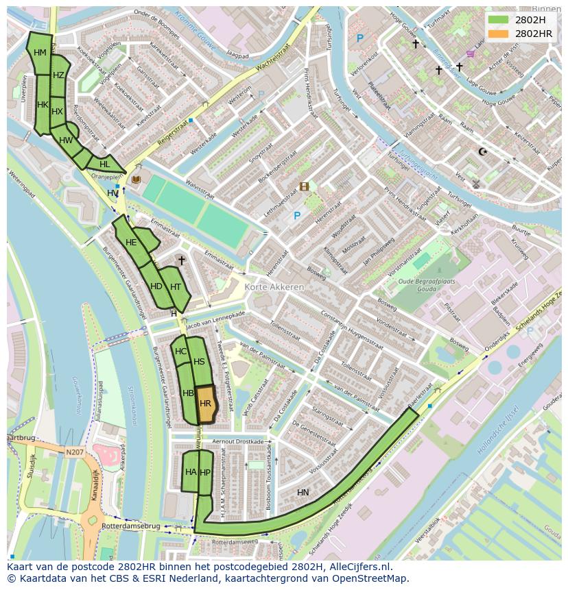 Afbeelding van het postcodegebied 2802 HR op de kaart.