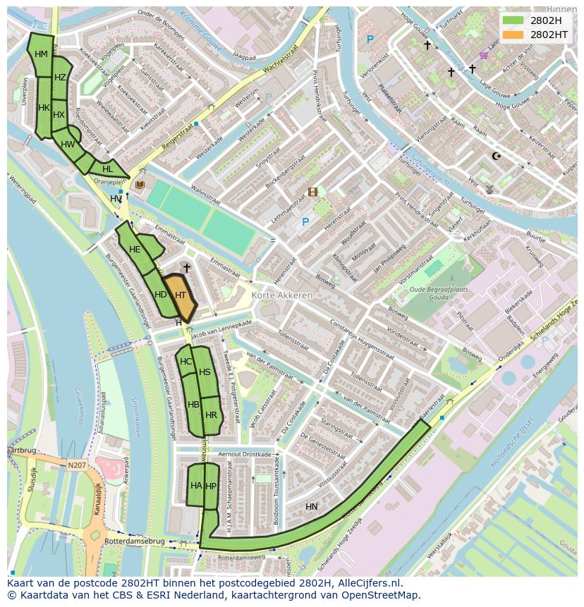 Afbeelding van het postcodegebied 2802 HT op de kaart.