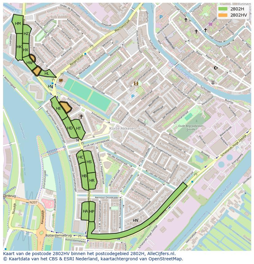 Afbeelding van het postcodegebied 2802 HV op de kaart.