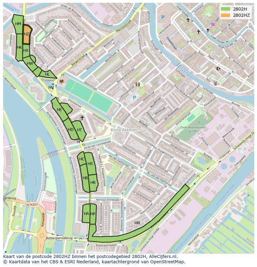 Afbeelding van het postcodegebied 2802 HZ op de kaart.