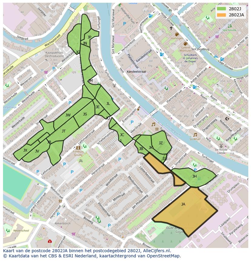 Afbeelding van het postcodegebied 2802 JA op de kaart.