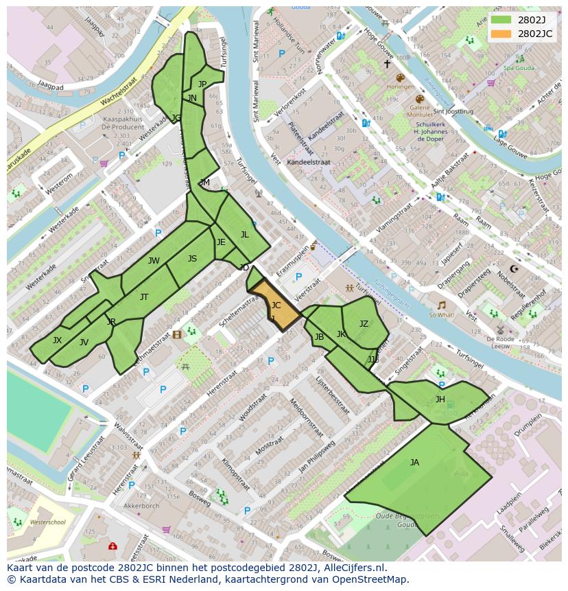 Afbeelding van het postcodegebied 2802 JC op de kaart.