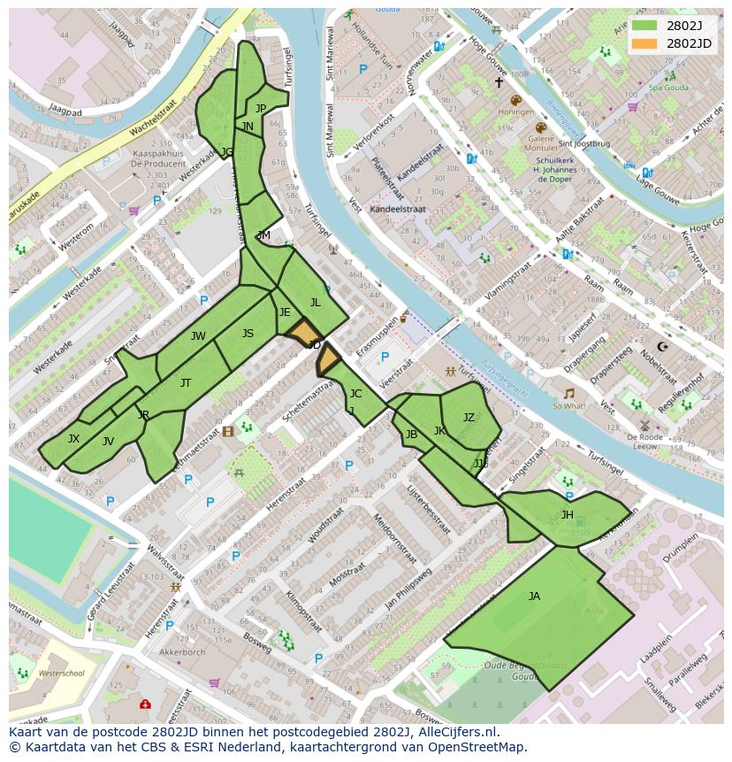 Afbeelding van het postcodegebied 2802 JD op de kaart.