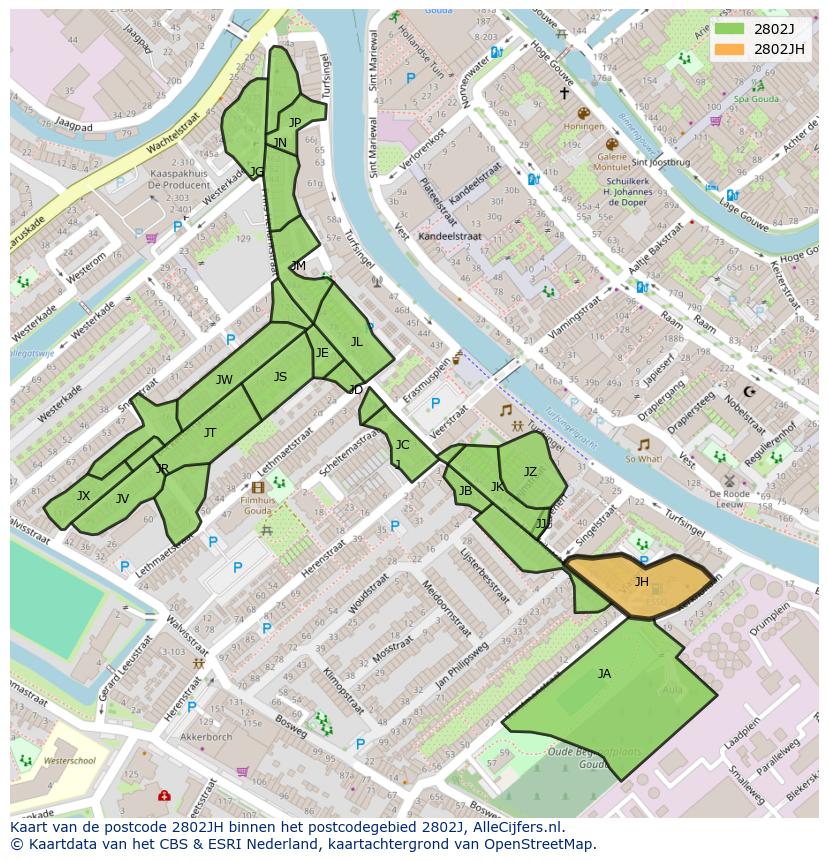 Afbeelding van het postcodegebied 2802 JH op de kaart.