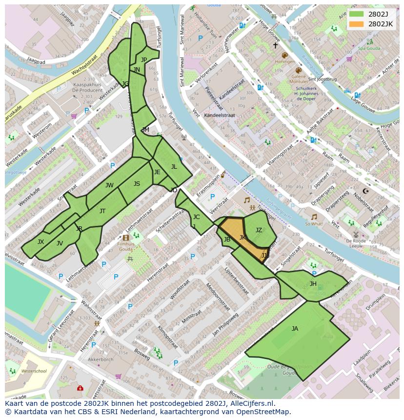 Afbeelding van het postcodegebied 2802 JK op de kaart.
