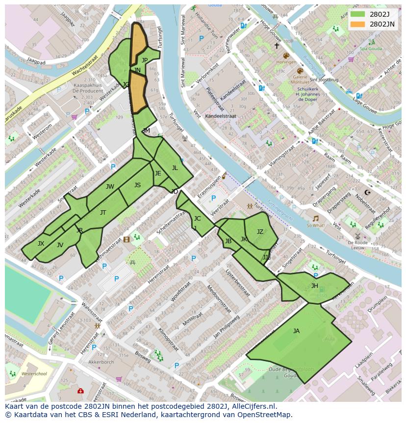 Afbeelding van het postcodegebied 2802 JN op de kaart.