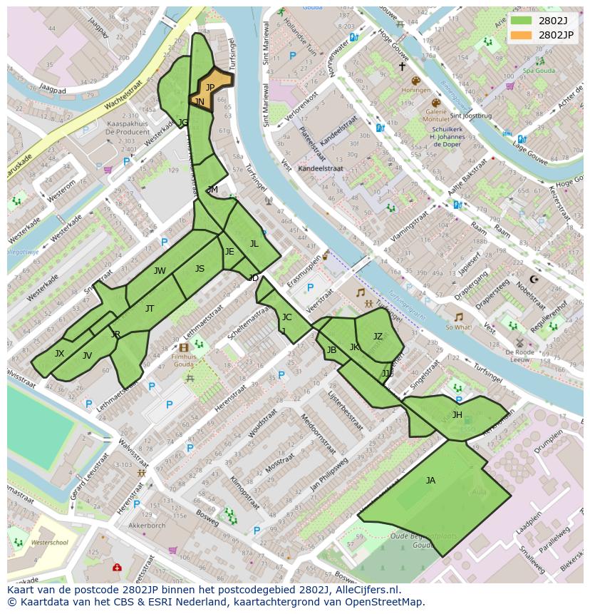 Afbeelding van het postcodegebied 2802 JP op de kaart.