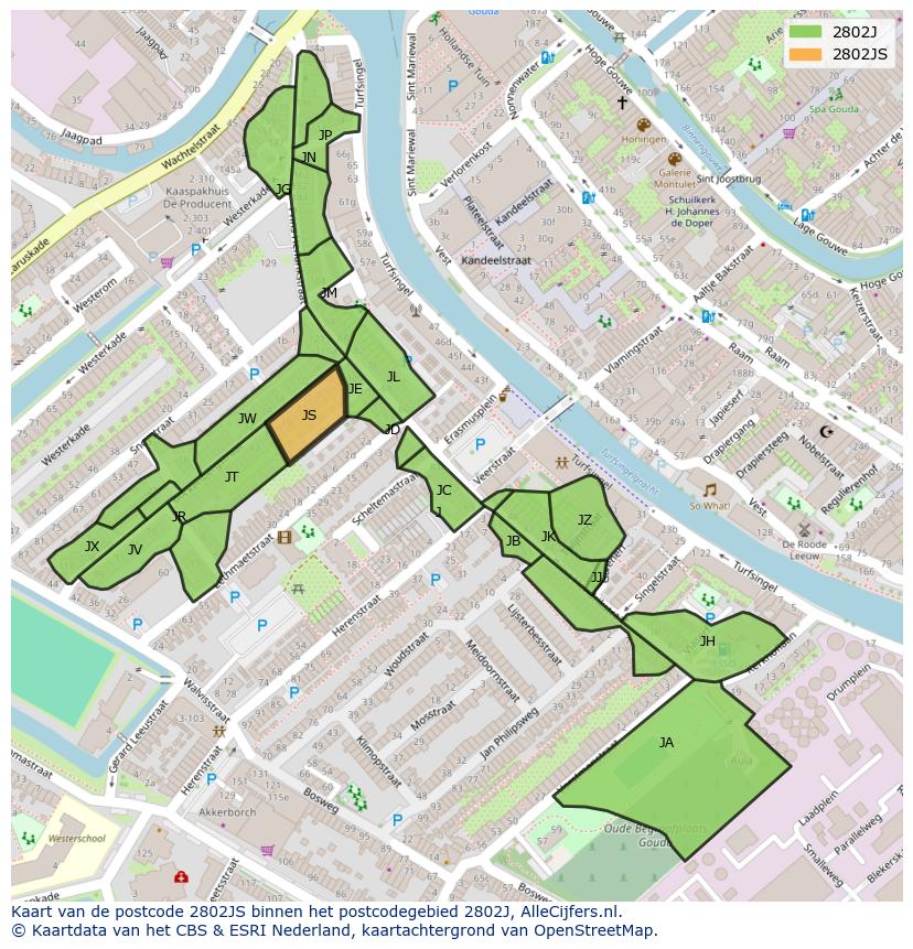 Afbeelding van het postcodegebied 2802 JS op de kaart.