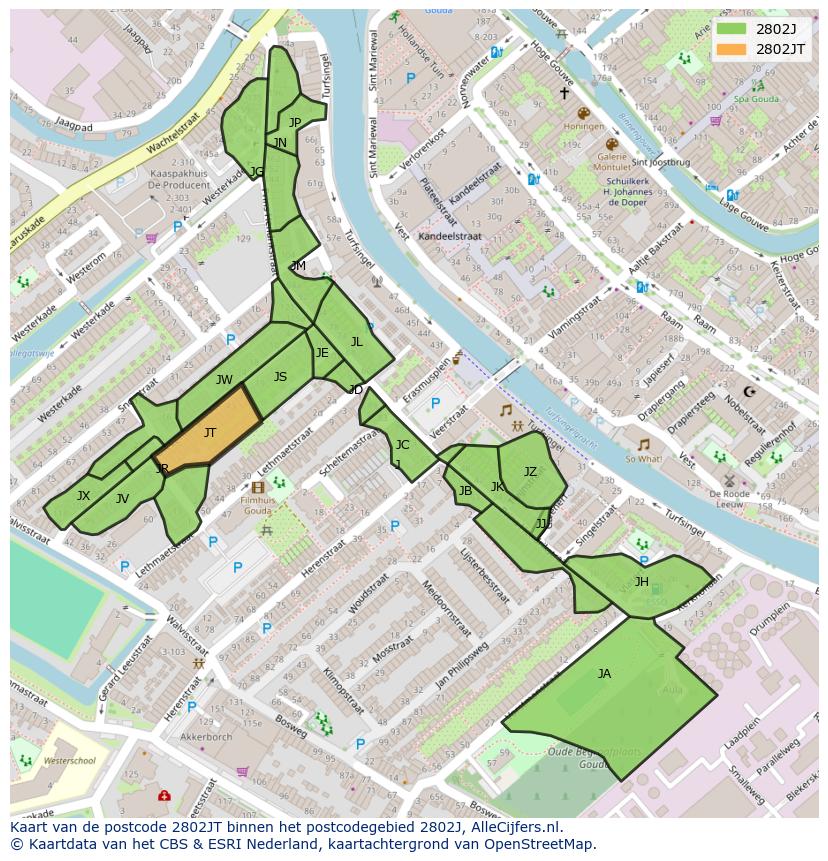 Afbeelding van het postcodegebied 2802 JT op de kaart.