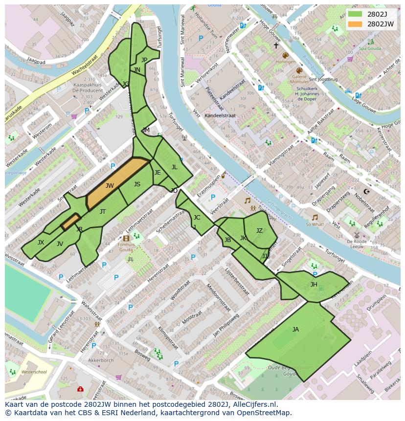 Afbeelding van het postcodegebied 2802 JW op de kaart.