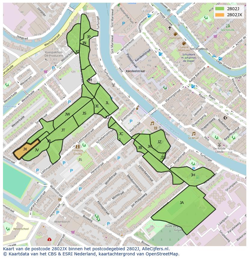 Afbeelding van het postcodegebied 2802 JX op de kaart.