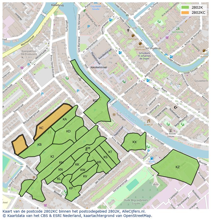 Afbeelding van het postcodegebied 2802 KC op de kaart.