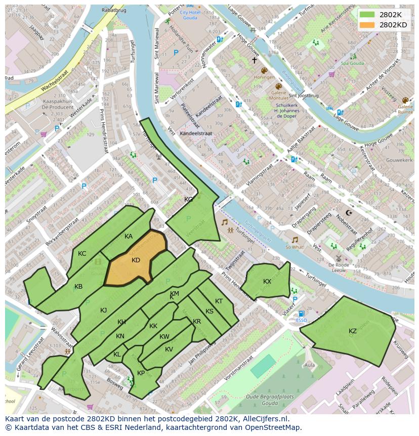 Afbeelding van het postcodegebied 2802 KD op de kaart.