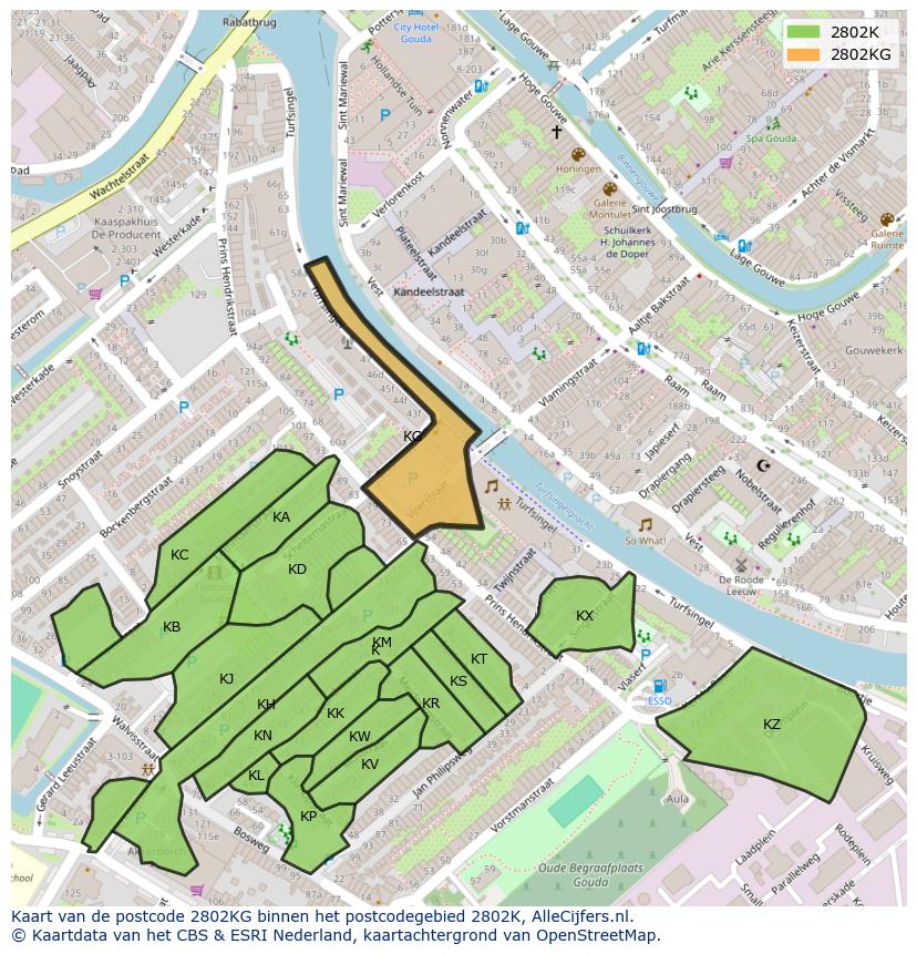 Afbeelding van het postcodegebied 2802 KG op de kaart.