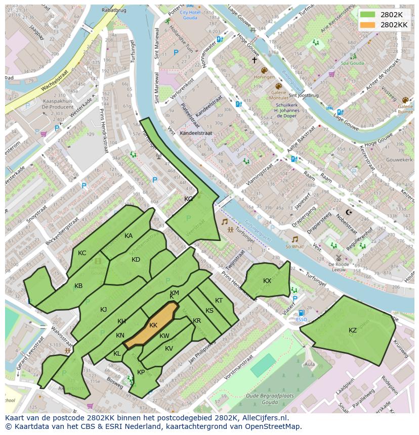 Afbeelding van het postcodegebied 2802 KK op de kaart.