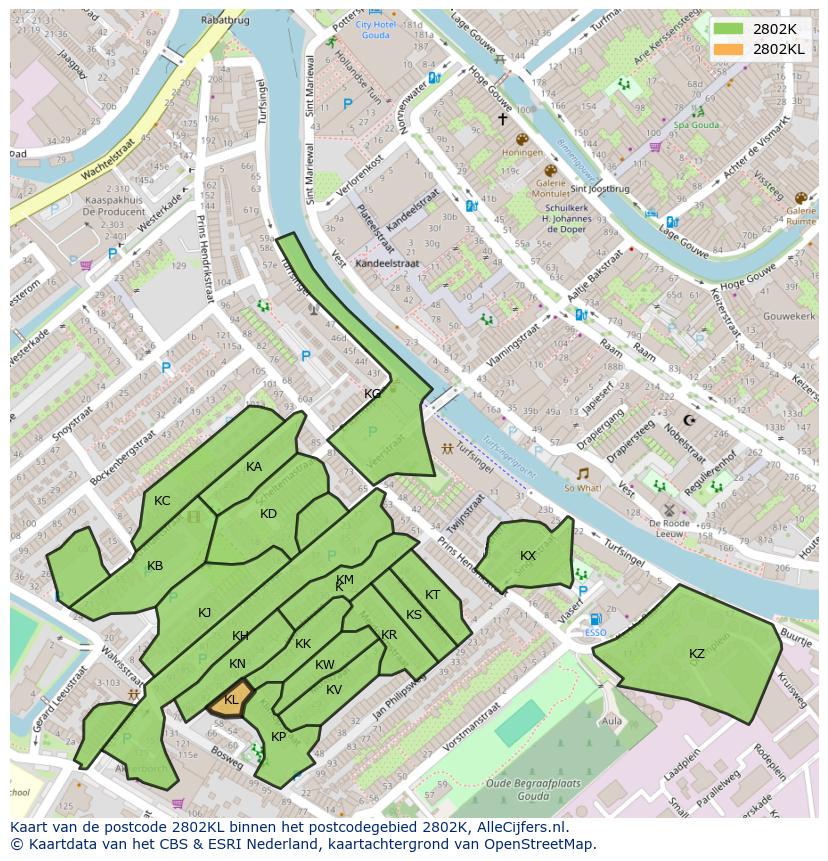 Afbeelding van het postcodegebied 2802 KL op de kaart.