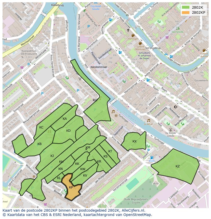 Afbeelding van het postcodegebied 2802 KP op de kaart.
